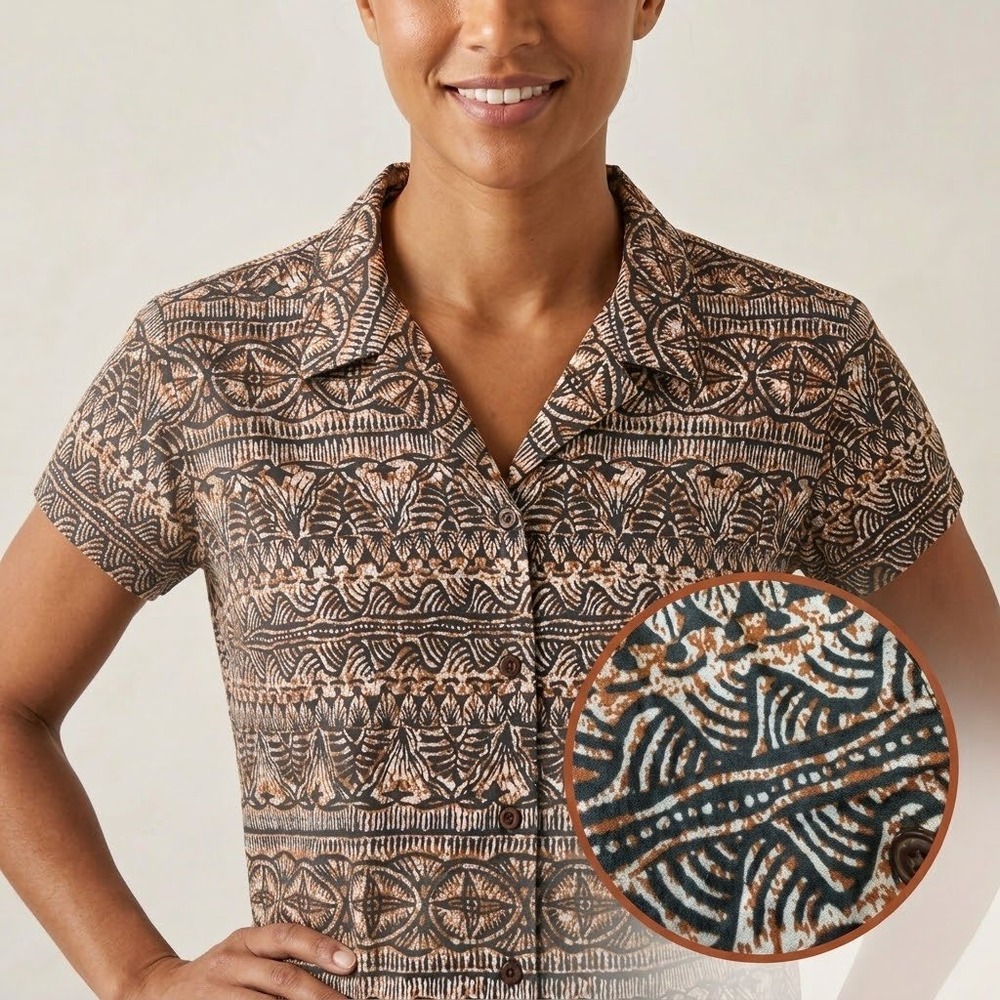 Patagonia Pataloha Organic Cotton Tribal Print Button Down Shirt Brown Womens 2